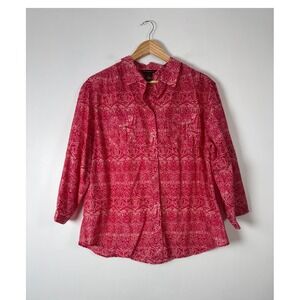 Boho Bit & Bridle Women XL Button Down Shirt Pink Paisley Roll Tab Sleeve Cotton
